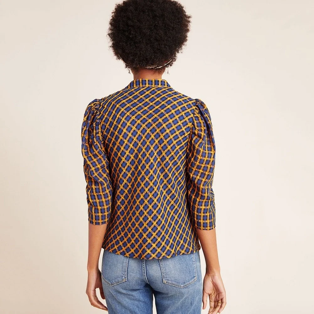 Eva Franco Anthropologie Textured Plaid Puff Sleeve Blouse Button up Shirt - Picture 5 of 8